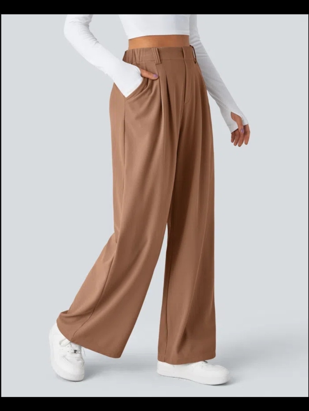 NWT Large HALARA High-Waist Wide Leg Trousers in Camel Brown - Picture 4 of 6